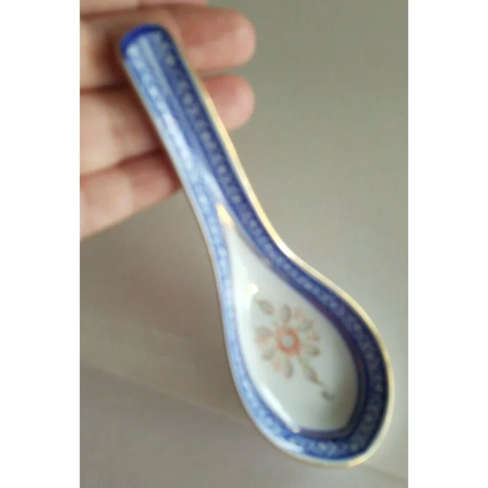 Vintage Porcelain Tienshan rice flower Spoon China, marked blue white red gold